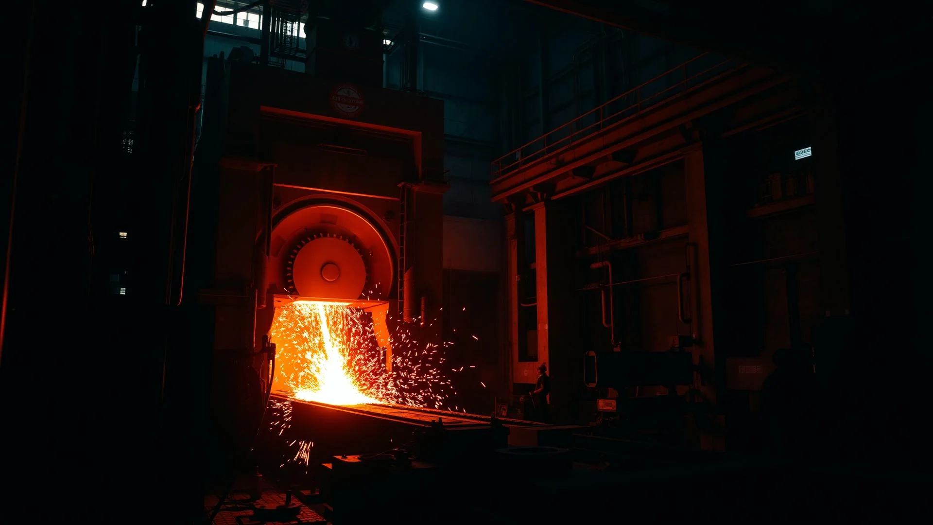 Forging press in operation with glowing steel billet